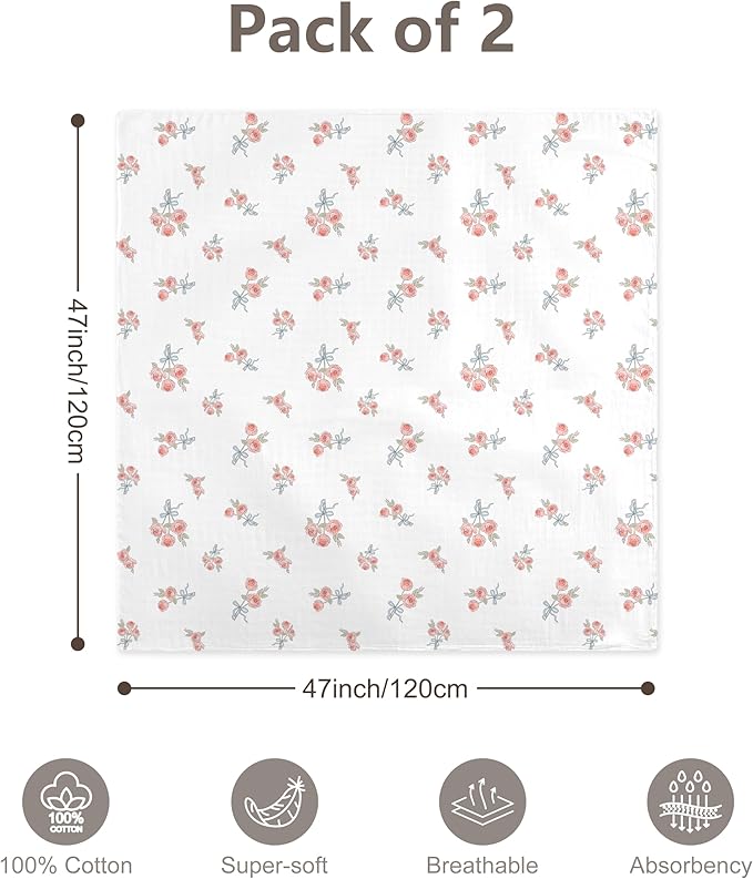 2-Pack 100% Cotton Muslin Swaddle Blankets, Large 47 x 47 Inches — Breathable Soft Receiving Blankets for Newborns, Swaddling Wraps, Baby Essentials, Registry Gift (Rose & Bow Duo)