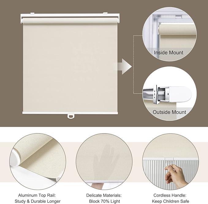 AOSKY Cordless Roller Shades for Windows Light Filtering Shades with 5% Openness Solar Screen Semi Sheer Roller Blinds UV Protection for Office and Home. Easy to Install 48" W x 72" H (Beige)