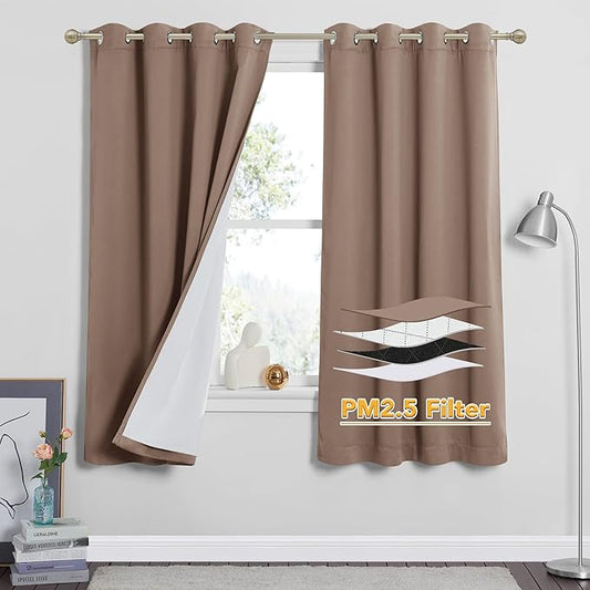 RYB HOME Soundproof & Dust Particle Filtering Curtains 100% Blackout Thermal Insulated Window Treatment Air Filter Drapes for Bedroom Living Room Kids Nursery, Mocha, W52 x L63 inch, 2 Panels