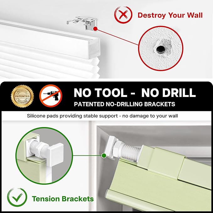 LazBlinds Cordless Cellular Shades, No Tools No Drill Light Filtering Honeycomb Shades Pleated Blinds for Windows, 24'' W x 64'' H, Green