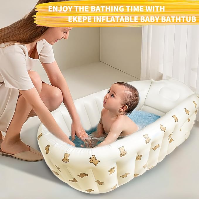 Inflatable Baby Bathtub with Built in Pump, Collapsible Safe Baby Bathtub for Newborns and Baby, Non-Slip Travel Mini Swimming Pool for Babies 0-5 Years Old - Bear