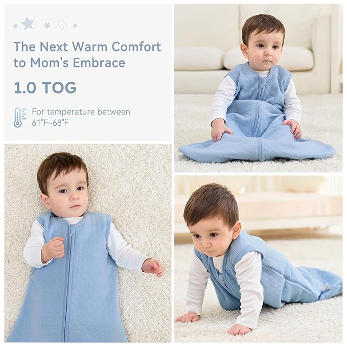 Unnivoll Baby Sleep Sack 12-18 Months 1.0 Tog Baby Wearable Blanket Cotton Sleeping Sack Quilted Baby Sleep Bag with 2-Way Zipper for Toddler Infant Blue