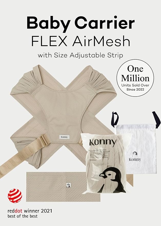 Konny Baby Carrier Flex AirMesh with Head Support - Adjustable, Easy to Wear, Hands-Free Breathable Baby Wrap Sling, Perfect for Newborn Babies Essentials up to 44 lbs (M-4XL) - Beige