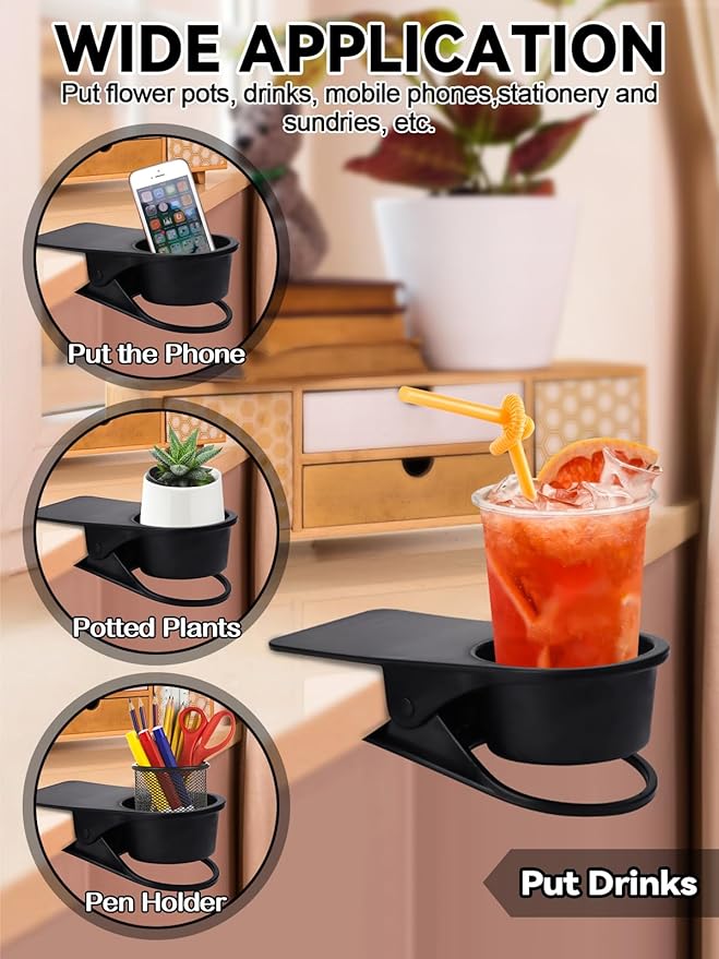 3PCS Drinking Cup Holder Clip, Kalolary Chair Desk Bottle Cup Stand DIY Glass Clamp Storage Saucer Clip for Potted Plant Beverage Soda Coffee Mug Holder Clip for Home & Office (Black)