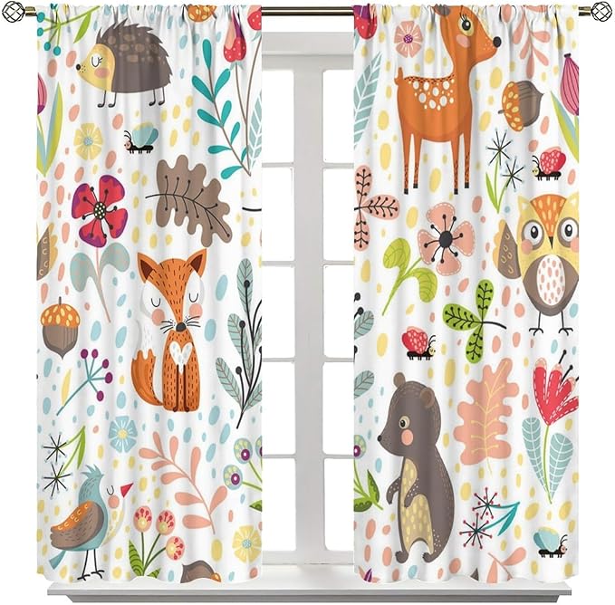 Forest Animals Kids Curtains, Watercolor Wild Rustic Bear Fox Deer Children Cartoon Window Treatments for Living Room, Watercolor Blackout Drapes 2 Panel Sets,42x63 Inch
