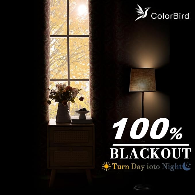 ColorBird Floral Blackout Long Curtains for Slding Door Burnt Orange Thermal Curtains for Winter Insulated 96 Inches Long Patterned Farmhouse Vintage Drapes for Bedroom Living Room