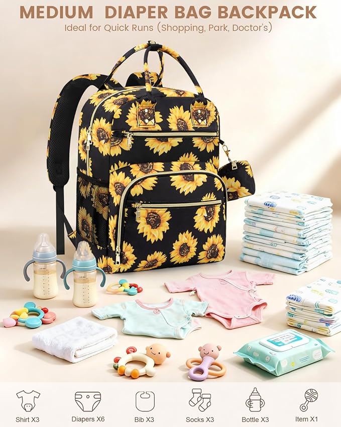 Diaper Bag Backpack,Baby Essentials Diapers Bag with Pacifier Case,Multipurpose Stylish Large Capacity Travel Backpack for Baby Girl/Boy(M-Sunflower)