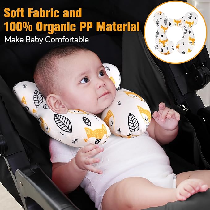 KAKIBLIN Baby Neck Pillow, Upgraded Baby Support Pillow for Head and Neck, Babies Head Pillow for Car Seat, Pushchair,Travel(Yellow Fox)