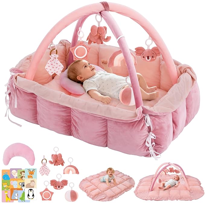 5-in-1 Baby Play Gym and Tummy Time Mat, Tummy Time Pillow & 12 Learning Cards, Plush Activity Mat with 6 Toys, Baby Gym, Convertible to Ball Pit, Baby Gift, Light Pink