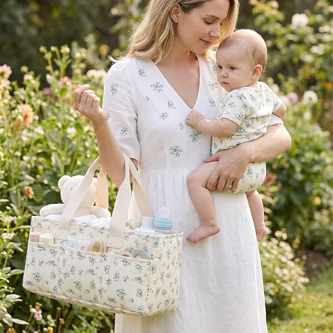 Baby Diaper Caddy Organizer with Portable Changing Mat-Portable Baby Organizers and Storage, Gift for Baby Shower, Baby Essentials Organizer with Removable Dividers (Blue Floral)