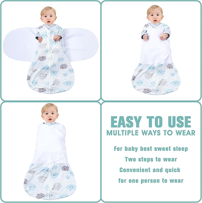 BSTOPPT Newborn Sleep Sack Baby Swaddle,6-12 Months,3-Way Adjustable Wearable Blanket,100% Rayon Cotton Swaddling sleeping bag，TOG 0.5（Clouds&Starry Sky）