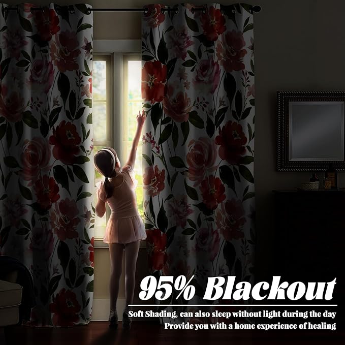 Renaiss Watercolor Flowers Curtains Rose Peony Floral Print Blackout Window Curtain Panels Thermal Insulated Grommet Top Window Curtains for Living Room Bedroom 29W x 45L Inch 2 Panel Set