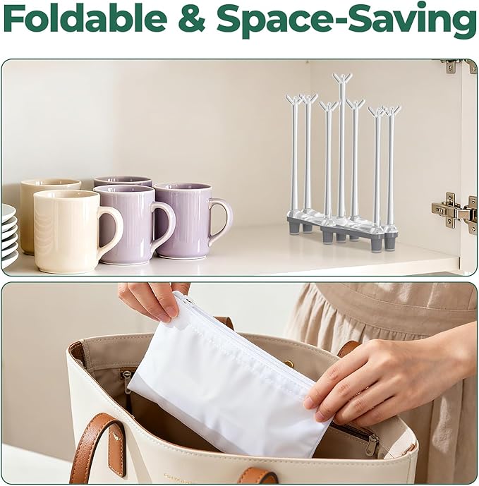 EsLuker.ly Baby Bottle Drying Rack Plastic Vertical Dryer Holder, Foldable Space Saving for 12 Milk Glass Bottle Countertop, Drain Stand Shelf for New Parents