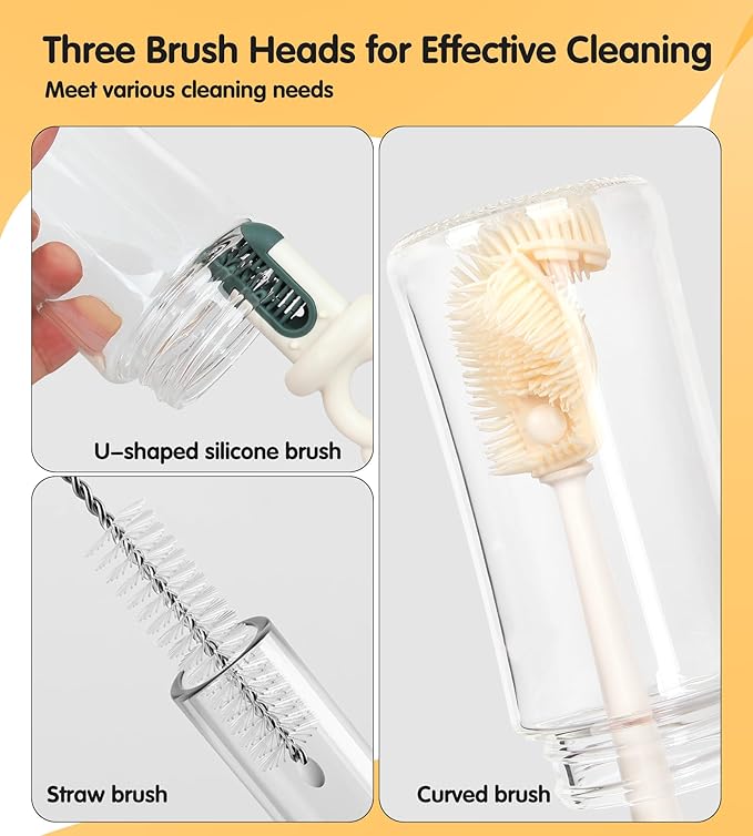 FURNIPLAS Long Handle Bottle Cleaning Brush Set, 4-in-1 Silicone Baby Bottle Cleaner Brush Kit, Multifunctional Water Bottles Washer for Travel, Baby Bottles, Breast Pump, Spout, Nipple & Straw