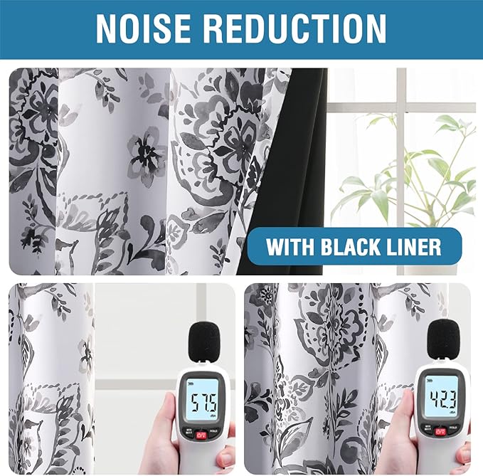 H.VERSAILTEX 100% Blackout Curtains for Bedroom Paisley Floral Printed Curtains 96 Inches Long Grommet Curtains & Drapes Thermal Curtains Window Treatments with Black Liner 2 Panels, Grey
