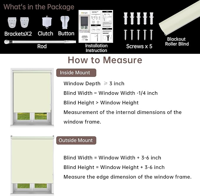 Allbright 100% Blackout Cordless Roller Shades for Windows, Thermal Insulated UV Protection, Window Roller Blinds for Home, Office, Bedroom, Door, 51" W x 72" H, Light Brown
