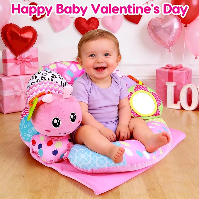2 in 1 Baby Tummy Time Mat & Support Seated Pillow Infant Newborn Toys 0 1 2 3 4 5 6 Months Pink Caterpillar Sensory Developmental Playmat 0-6 3-6 12 Month Mirror Babies Girls Shower Valentines Gifts