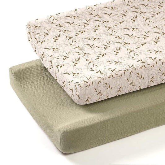 lulumoon Muslin Changing Pad Cover: 2-Pack Soft Breathable Cotton Boho Neutral Print for Baby Girls Boys - Nursery & Baby Shower