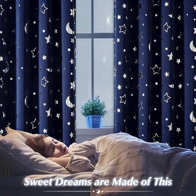 WUBODTI Navy Blue Star Curtains Blackout Kids Room Curtain 2 Panel Sets 63 Inch Length, Silver Star and Moon Patterned Short Curtains Grommets Thermal Insulated Space Drapes for Boys Bedroom