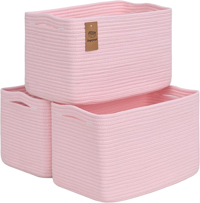 Woven Storage Baskets, Pink Baskets for Organizing, 3 Pack Woven Basket for Storage, Storage Baskets for Shelf, Towel, Toy, Book, Closet, Baby 15"×10"×9"