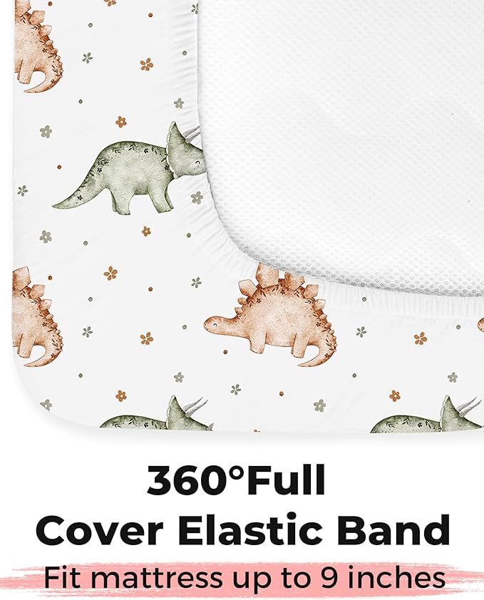 Crib Sheets for Boys and Girls, 2 Pack Fitted Baby Sheets for Standard Toddler Mattress 28" x 52", Soft Breathable Jersey Knit Baby Bedding (Tiny Dinos)