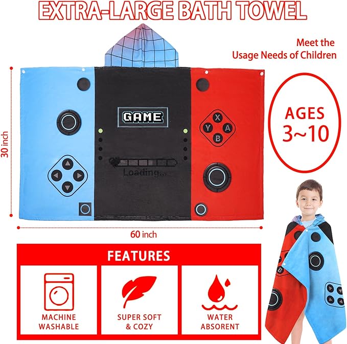 Hooded Towels for Kids- Ultra Soft 100% Cotton Video Game Gamepad Toddler Hood Bath Towels/Pool Terry Towel Beach Poncho Wrap Absorbent Cute Bath & Swim Wrap for Boys & Girls 3-10 Years