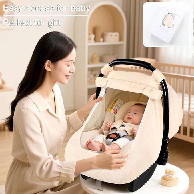 Hooyax Muslin Car Seat Cover Baby - Breathable and Privacy Car Seat Canopy with 3 Modes - Easy Install & Gift Box Packaging, Universal Fit for Infant Car Seats, Apricot