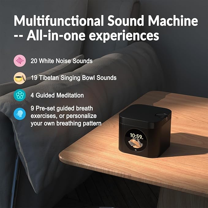 Kipcush Sleep Sound Machine - Dual Speakers, Tibetan Singing Bowls, 19 Soothing Tones, 20 White Noises, Visual & Auditory Breathing Guides | Deep Sleep, Anxiety Relief, Meditation, Rechargeable