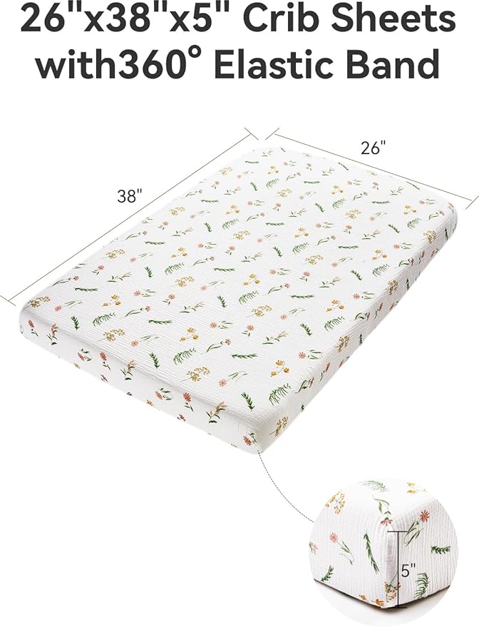 TILLYOU Muslin Mini Crib Sheets 2 Pack, Pack and Play Mattress Sheets Fitted for Pack N Play, 38'' x 26'' Sheet for Toddler, Daisy