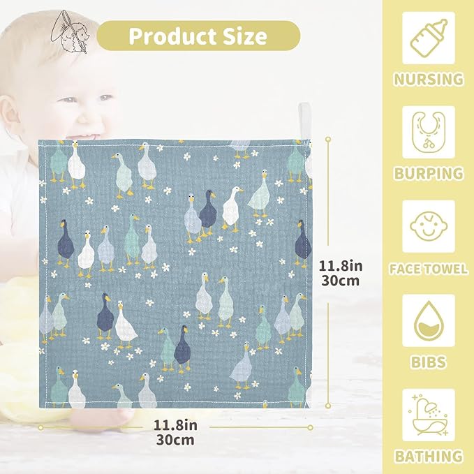 vvfelixl Baby Washcloths Cotton Funny Gooses Baby Muslin Washcloths Soft Baby Face Towel for Newborn Infants, 11.8 X 11.8 Inch, 5 Pack Blue