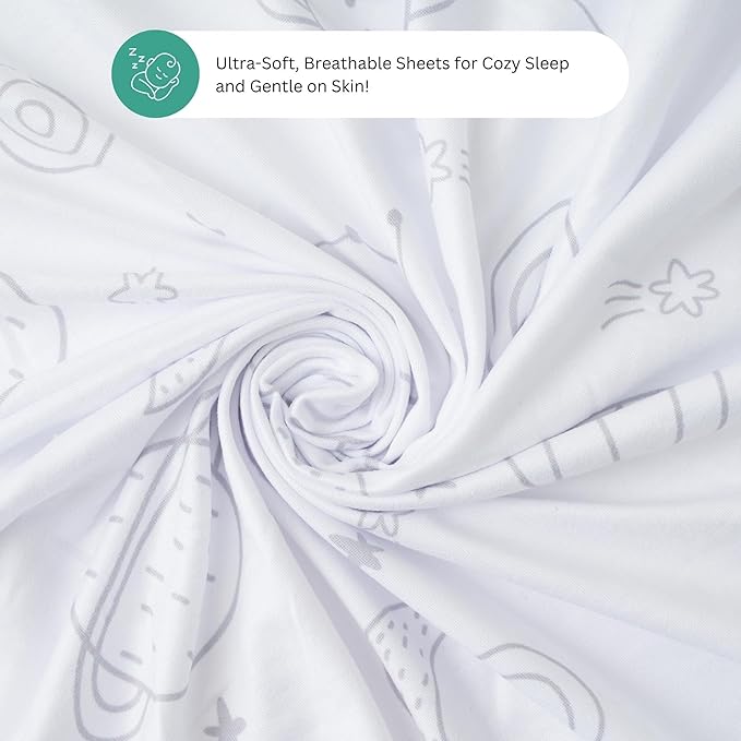 Bassinet Sheets for Mika Micky, Evolur, Larex, Taylengrow Baby, Newton Baby Bedside Sleeper by TansyPanda, 3PC, 33x20, Ultra Soft, Breathable, Snug Fit, Unisex Boys, Girls, Gray White (Space Rockets)