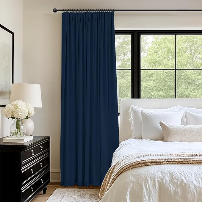 INOVADAY 100% Blackout Curtains for Bedroom, Black Out Curtains 84 Inch Long, Clip Rings Linen Blackout Drapes, Thermal Insulated Room Darkening for Living Room, 1 Panel - Midnight Blue,W102xL84