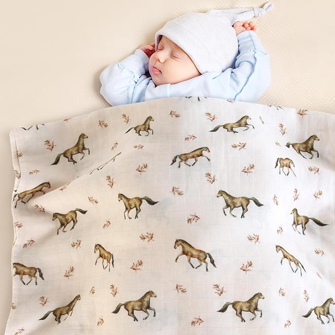 LifeTree Baby Swaddle Blankets, Muslin Swaddle Blankets Boys Girls Swaddling Wrap Receiving Blanket for Newborn, 70% Viscose Bamboo and 30% Cotton, Large 47" x 47", Horse Pattern