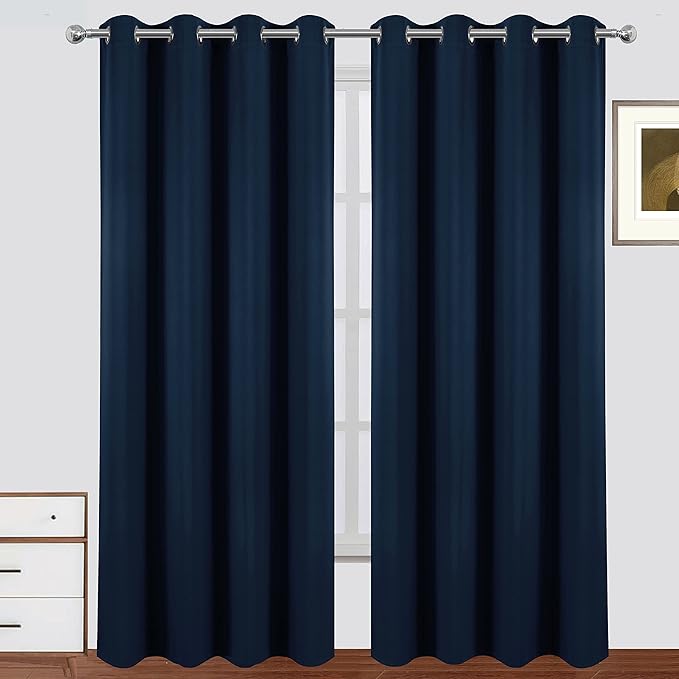 LEMOMO 100% Blackout Curtains 52 x 95 Inch Navy Blue Curtains 2 Panels Darkening Thermal Insulated Bedroom Curtains