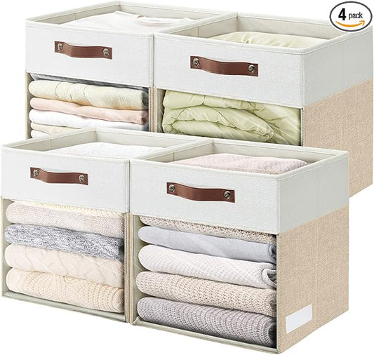 Storage Cubes, 4 Pack Linen Foldable Storage Bins (13 x 13 inch) with Clear Window and Handles, Fabric Organizer for Shelf Closet, Clothes, Books - (Beige and White)