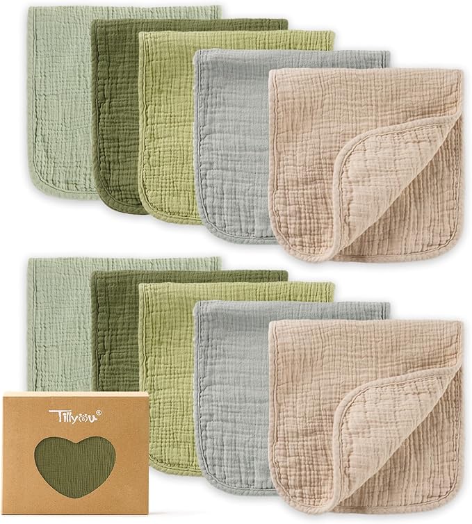 TILLYOU Muslin Burp Cloths Baby Boy Girl 20" x 10", 6-Layer Absorbent 100% Cotton Burping Cloths Large Soft, 10 Pack(Gradient Green)