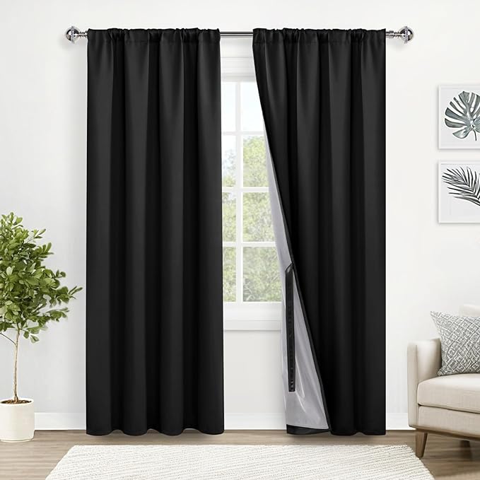 XWZO 100% Blackout Curtains 84 Inches Long with Tiebacks- Privacy Protection, Energy Efficiency Window Panels with Black Liner for Bedroom/Office, Rod Pocket & Back Tab, Black, W52 x L84, Set of 2