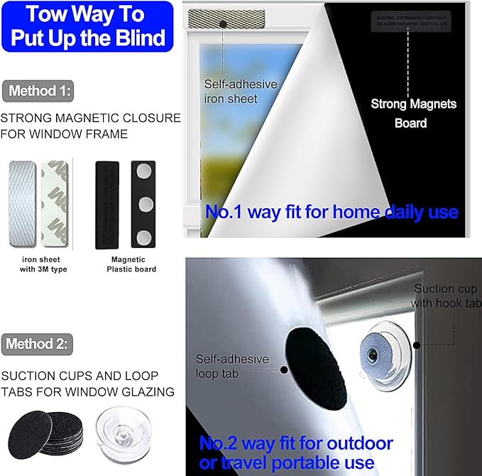 Magnetic Blackout Blind,100% Portable Blackout Curtain for Bedroom,No Drill Window Shades,DIY Cut Black Out Window Cover with Suction Cups and Magnetic Closure,2 Way to Put Up (118" x 57")