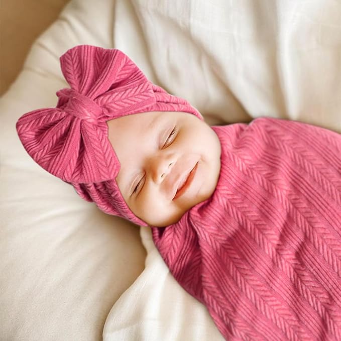 DRESHOW BQUBO Baby Swaddle Blankets for Girls, 4PCS Newborn Accessories Set with Matching Hat and Bow Headband with Hello World Wooden Birth Announcement Card