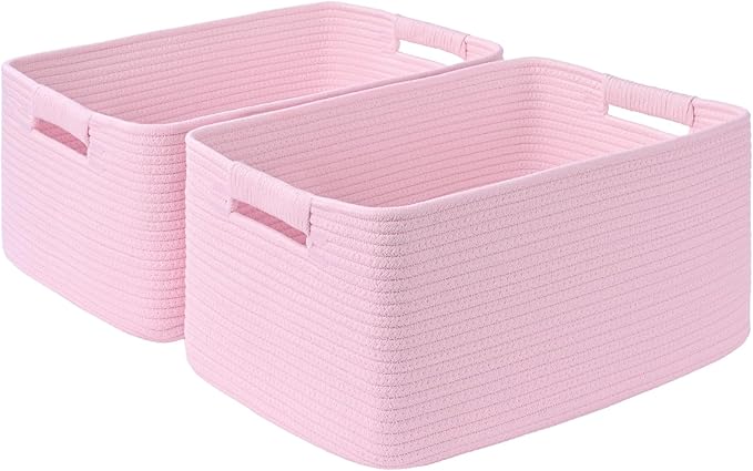 2 Pack Large Storage Basket for Organizing, 17.5"x13.5"x7.5" Woven Basket for Shelves, Closet Cube Storage Bins with Wrapped Handle, Cotton Rope Baskets for Kitchen, Clothes, Toys(Light Pink)