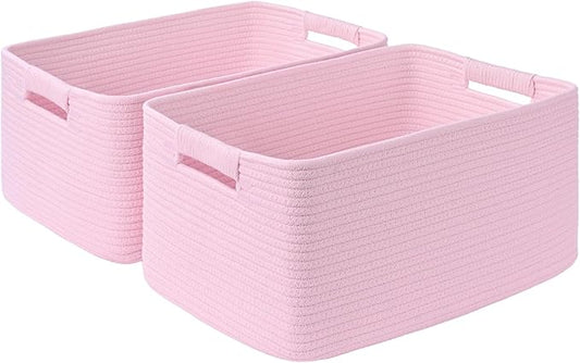 2 Pack Large Storage Basket for Organizing, 17.5"x13.5"x7.5" Woven Basket for Shelves, Closet Cube Storage Bins with Wrapped Handle, Cotton Rope Baskets for Kitchen, Clothes, Toys(Light Pink)