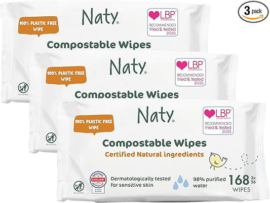 Eco by Naty Unscented Baby Wipes, (3 packs of 56), Plant based Compostable Wipes, 0% plastic. No nasty chemicals, 168 Count
