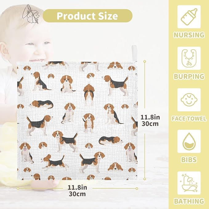 vvfelixl Baby Cotton Washcloths Beagle Dog Infants Bath Towel for Unisex Puppy Face Towels for Newborn, Natural Baby Wipes Delicate Skin, 11.8 X 11.8 inch, one sizex5