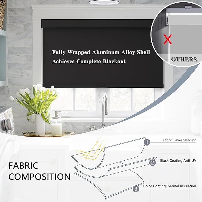AOSKY Blackout Roller Shades Cordless Blinds for Windows, Free-Stop Shades with Valance, Thermal Insulated Fabric, UV Protection, Natural Woven Blinds for Home and Office (62" W x 72" H, Black)