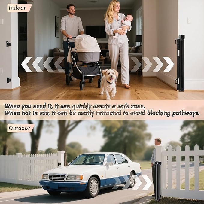 150 inch Retractable Baby Gates 34 inch Tall, Retractable Gate with Reinforced Strip Design to Prevent Crawling Through, 12 FT Extra Wide Retractable Dog Gate for Indoor/Outdoor