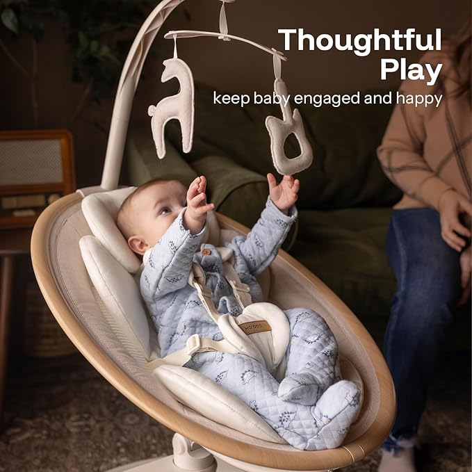 HARPPA Electric Baby Swing for Infants 0–6 Months, Baby Swing with Toy Bar and Sounds, Remote Control, 5 Speeds, 2 Seat Positions & 180° Rotation for Indoor Use, Warm Sand