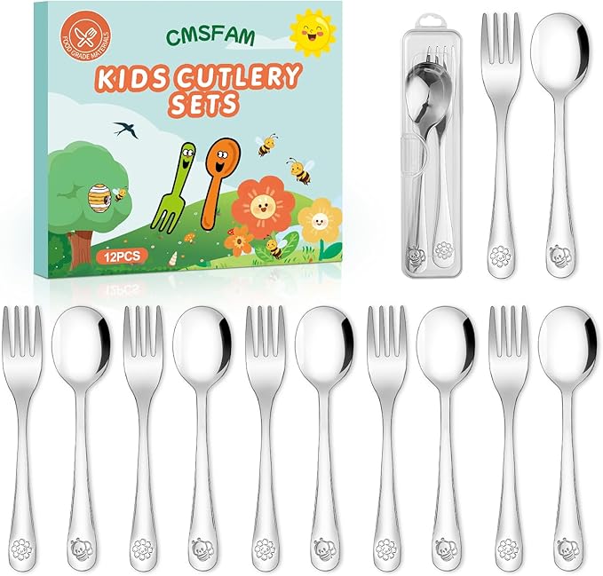 CMSFAM Stainless Steel Toddler Utensils Set - 12 Pieces Kids Silverware Set Children Safe Food Grade Small Forks and Spoons Dishwasher Safe Mirror Polished