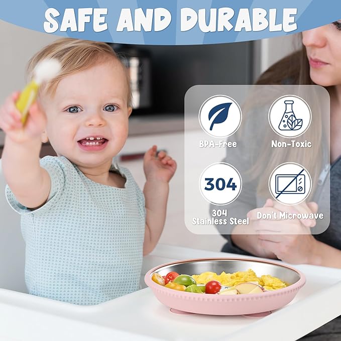 2-Pack Stainless Steel Kids’ Plates with Suction Bases, 8.26" Divided Toddler Plates with Removable Silicone Sleeves, Non-Slip, BPA-Free, Dishwasher Safe (Pink & Blue)