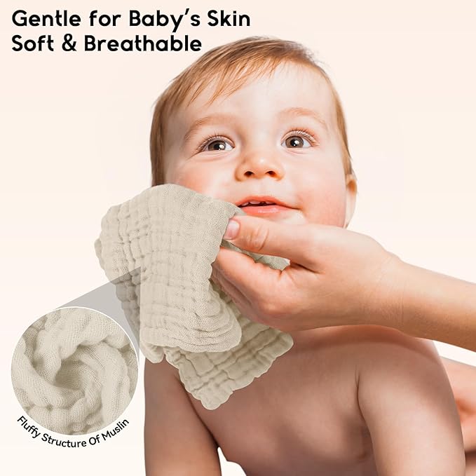 Unnivoll Muslin Baby Washcloths 6 Pack, 100% Cotton Wash Cloths for Babies, Large 12''X12'' Burp Cloths Absorbent and Soft for Newborn Infants Kids Boys Girls - Apricot