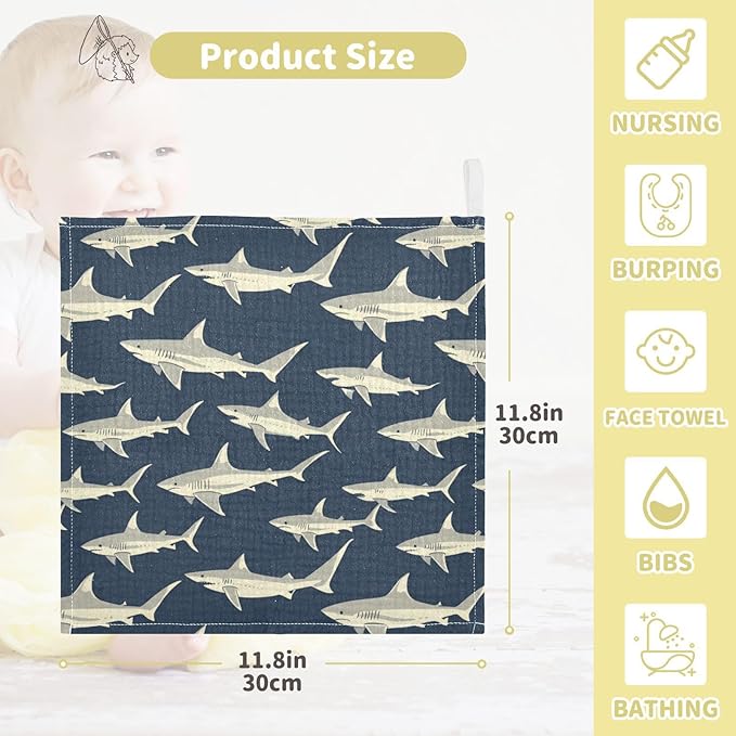 vvfelixl Baby Muslin Washcloths Sharks in Ocean Baby Burp Cloths Cotton Babys Face Towel for Newborn Infants Boys Girls Soft and Absorbent 11.8 X 11.8 in, 3 Pack